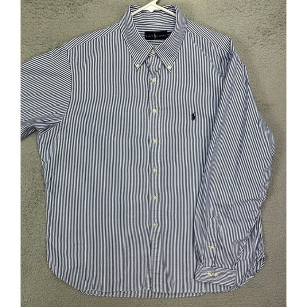 Ralph Lauren Shirt Adult 17.5 36-37 Blue Pencil Striped Pony Dress Button Up Men